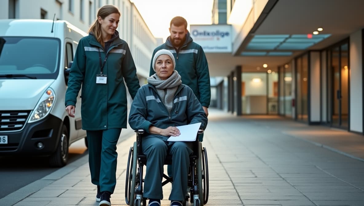 Professioneller Krankentransport - Pflegepersonal begleitet Patientin im Rollstuhl